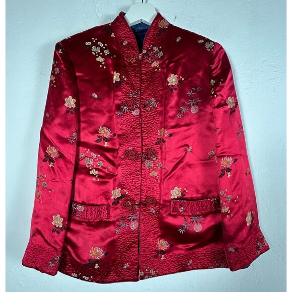 Peony Brand Womens Reversible Quilted Jacket 34 Jacquard Chinese Silk Floral Red - Picture 1 of 9